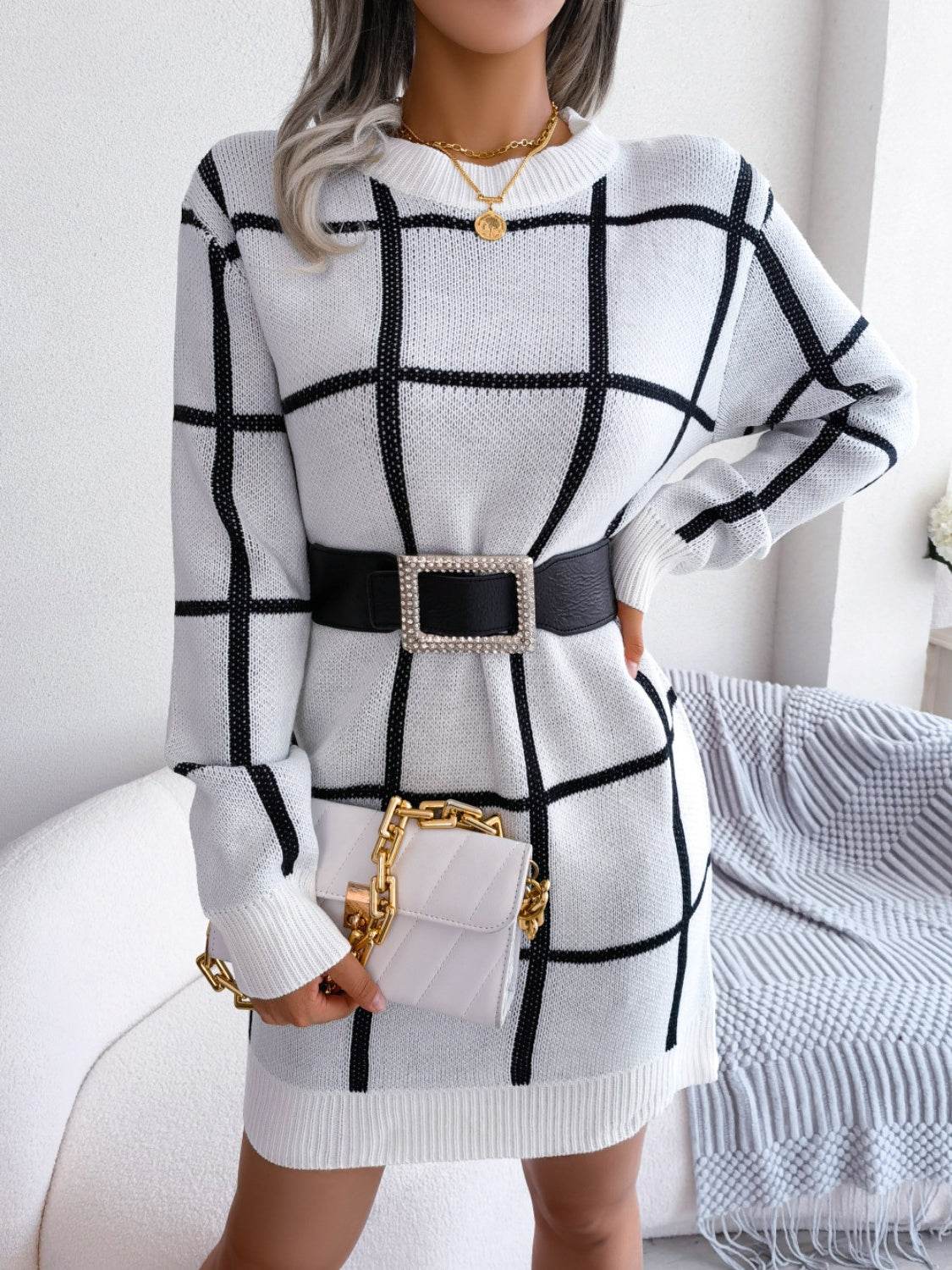 Plaid Round Neck Dropped Shoulder Sweater Dress - Delanoir
