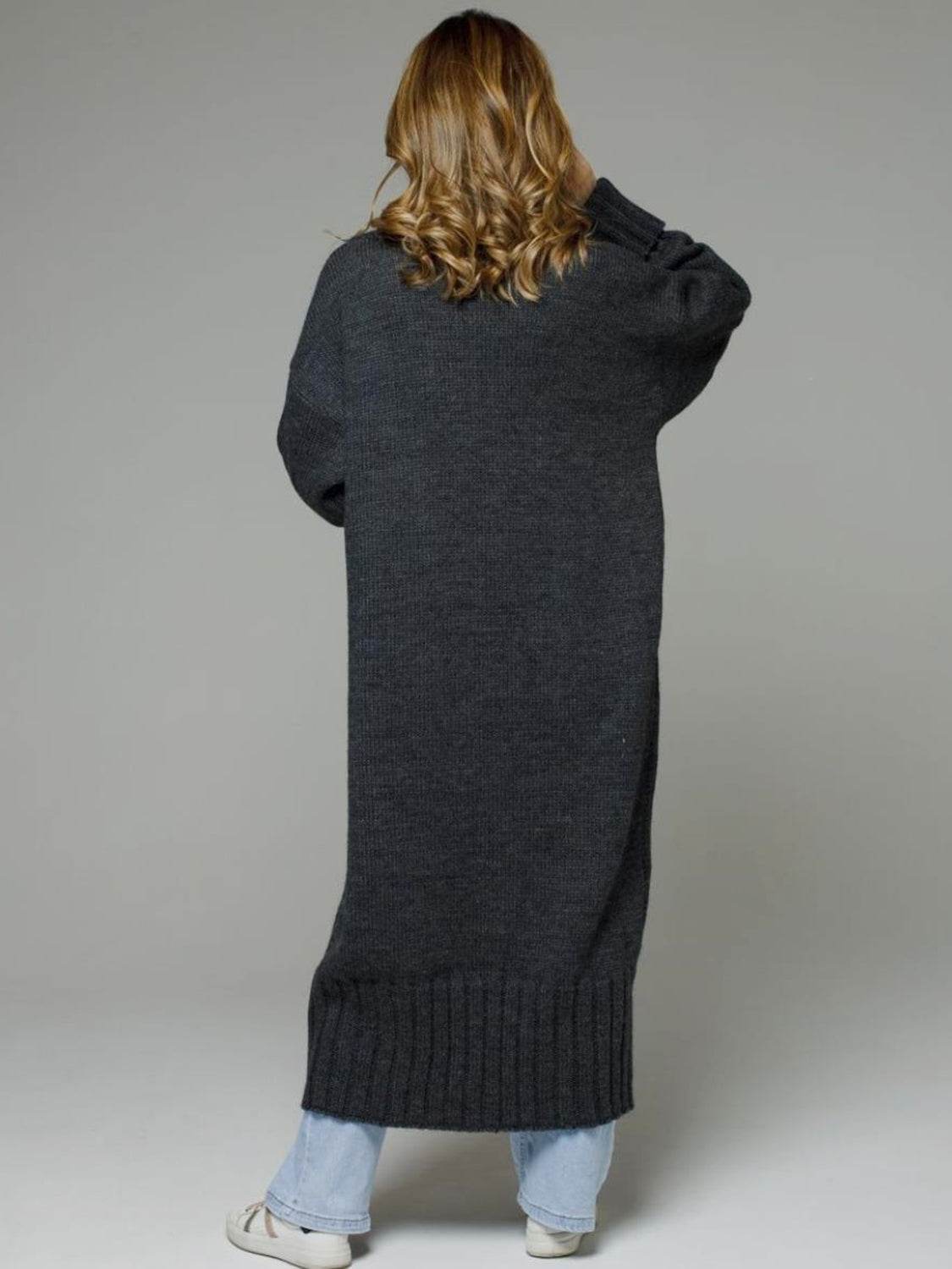Pocketed Open Front Dropped Shoulder Cardigan - Delanoir