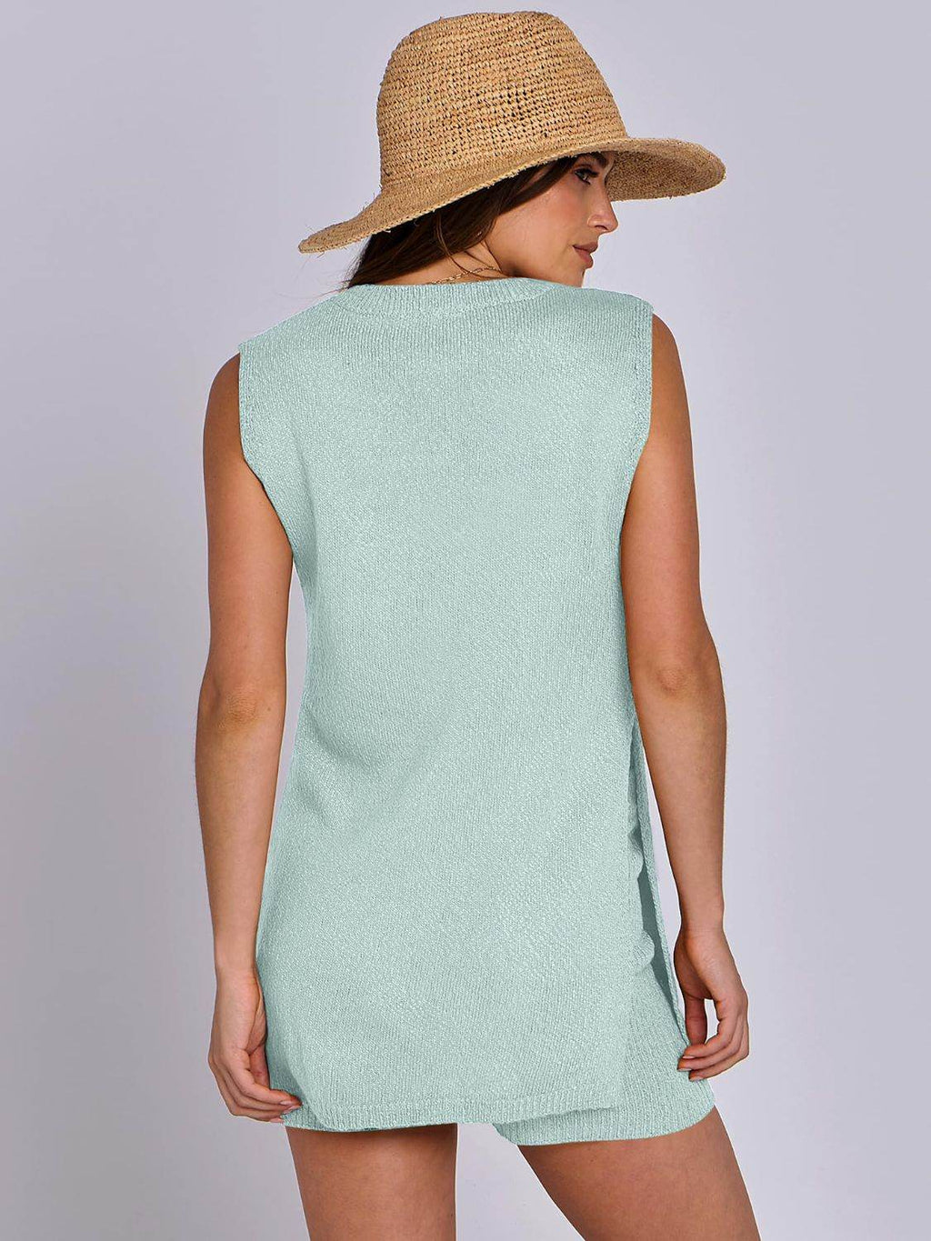 Mandy Side Slit Round Neck Tank and Shorts Sweater Set - Delanoir