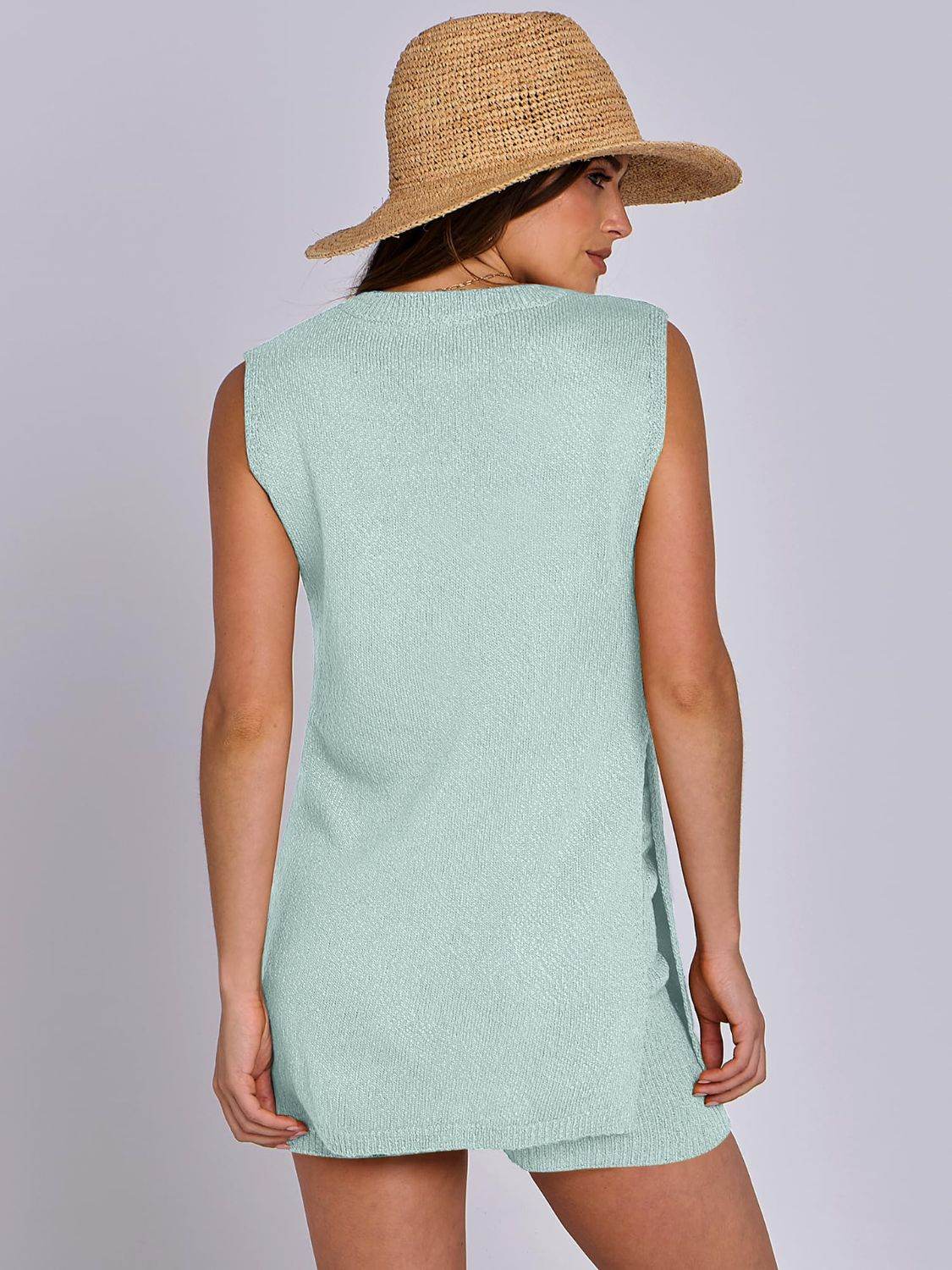 Mandy Side Slit Round Neck Tank and Shorts Sweater Set - Delanoir