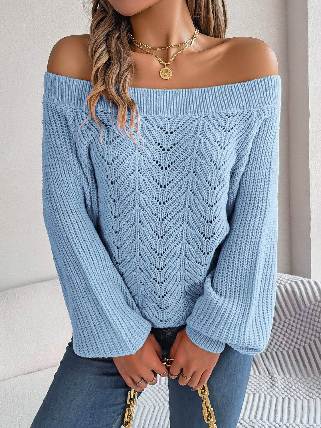 Openwork Off-Shoulder Long Sleeve Sweater - Delanoir