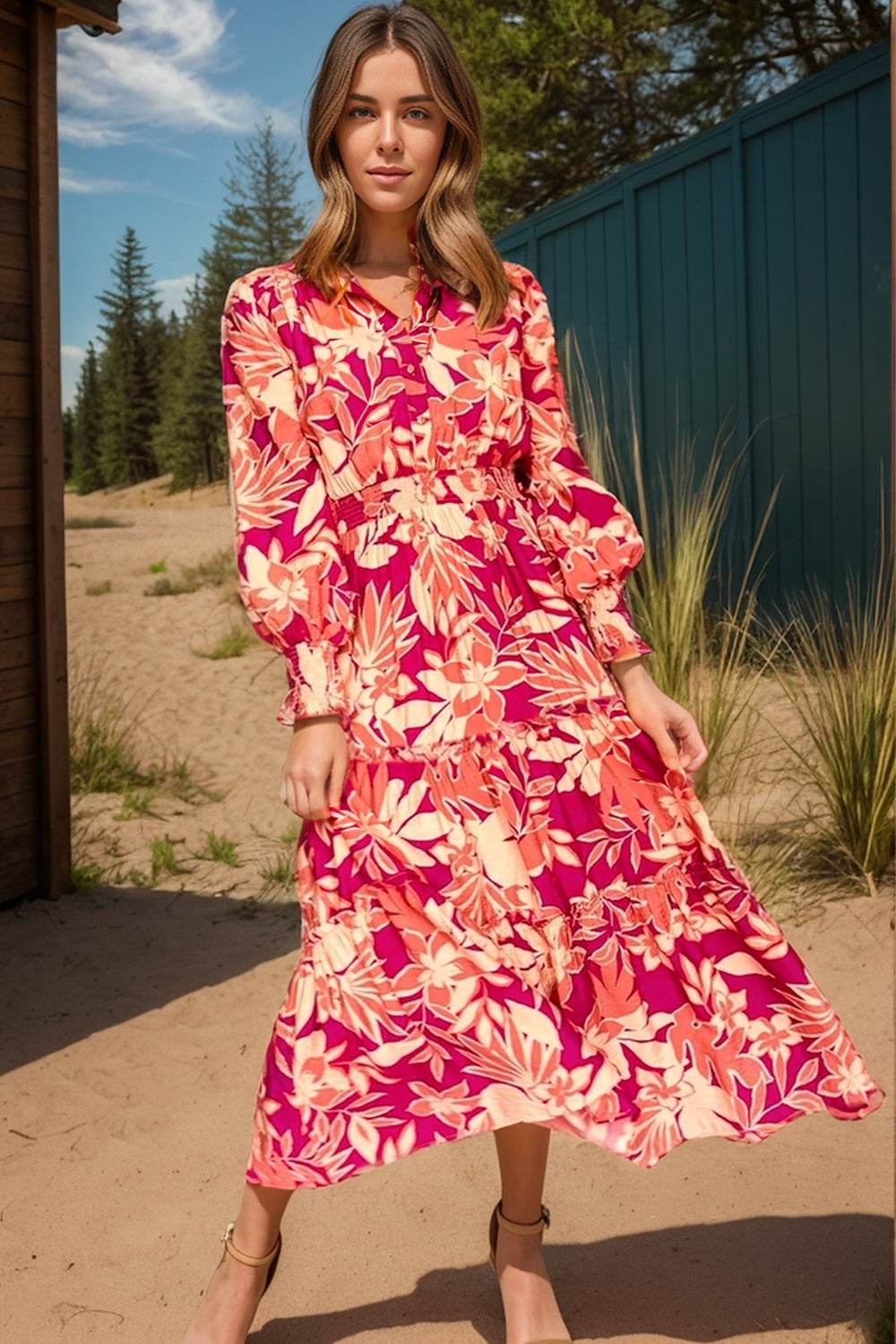 Printed Collared Neck Long Sleeve Dress - Delanoir