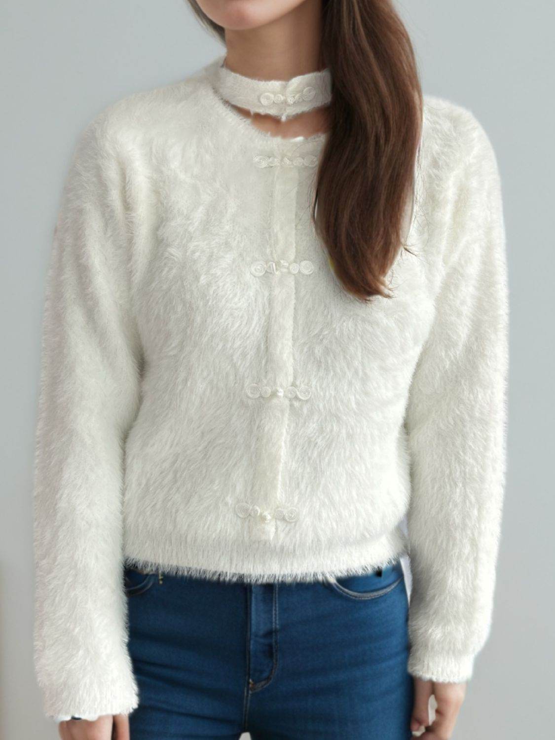 Cutout Knot Button Long Sleeve Cardigan - Delanoir