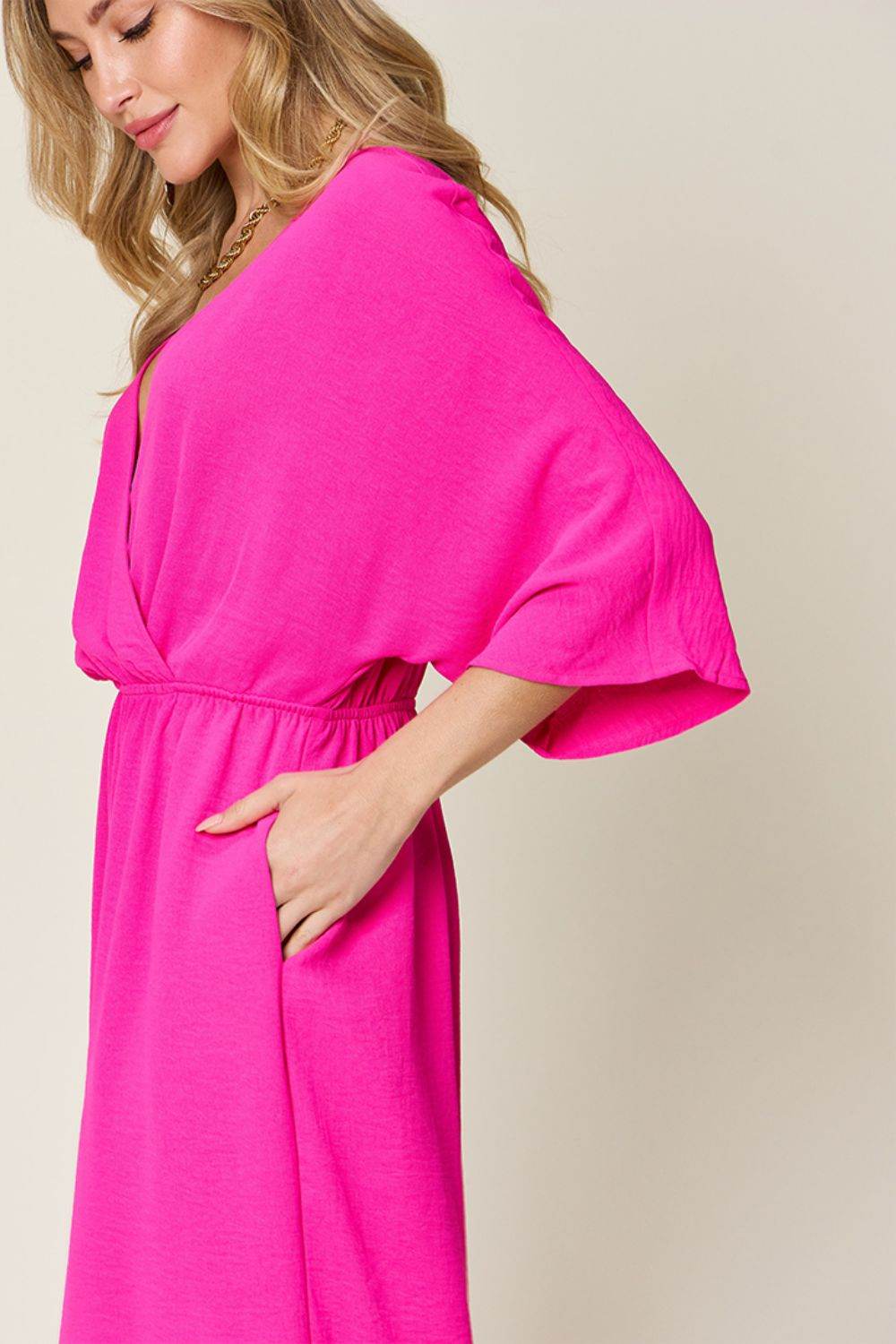 Double Take Full Size Surplice Wide Leg Jumpsuit with Pockets - Delanoir