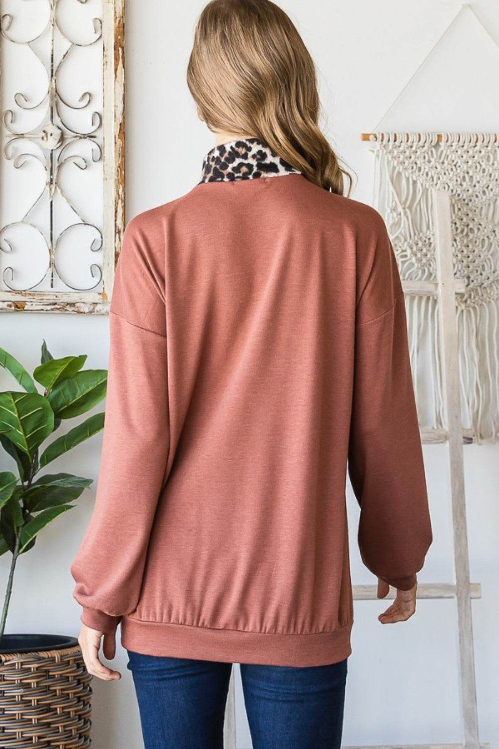 Heimish Full Size Leopard Quarter Zip Mock Neck Sweatshirt - Delanoir