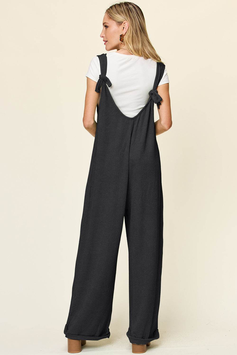 Double Take Full Size Texture Sleeveless Wide Leg Jumpsuit - Delanoir