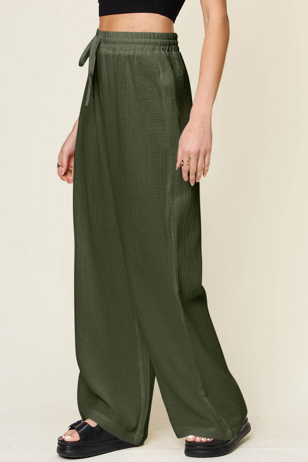Double Take Full Size Texture Drawstring Wide Leg Pants - Delanoir