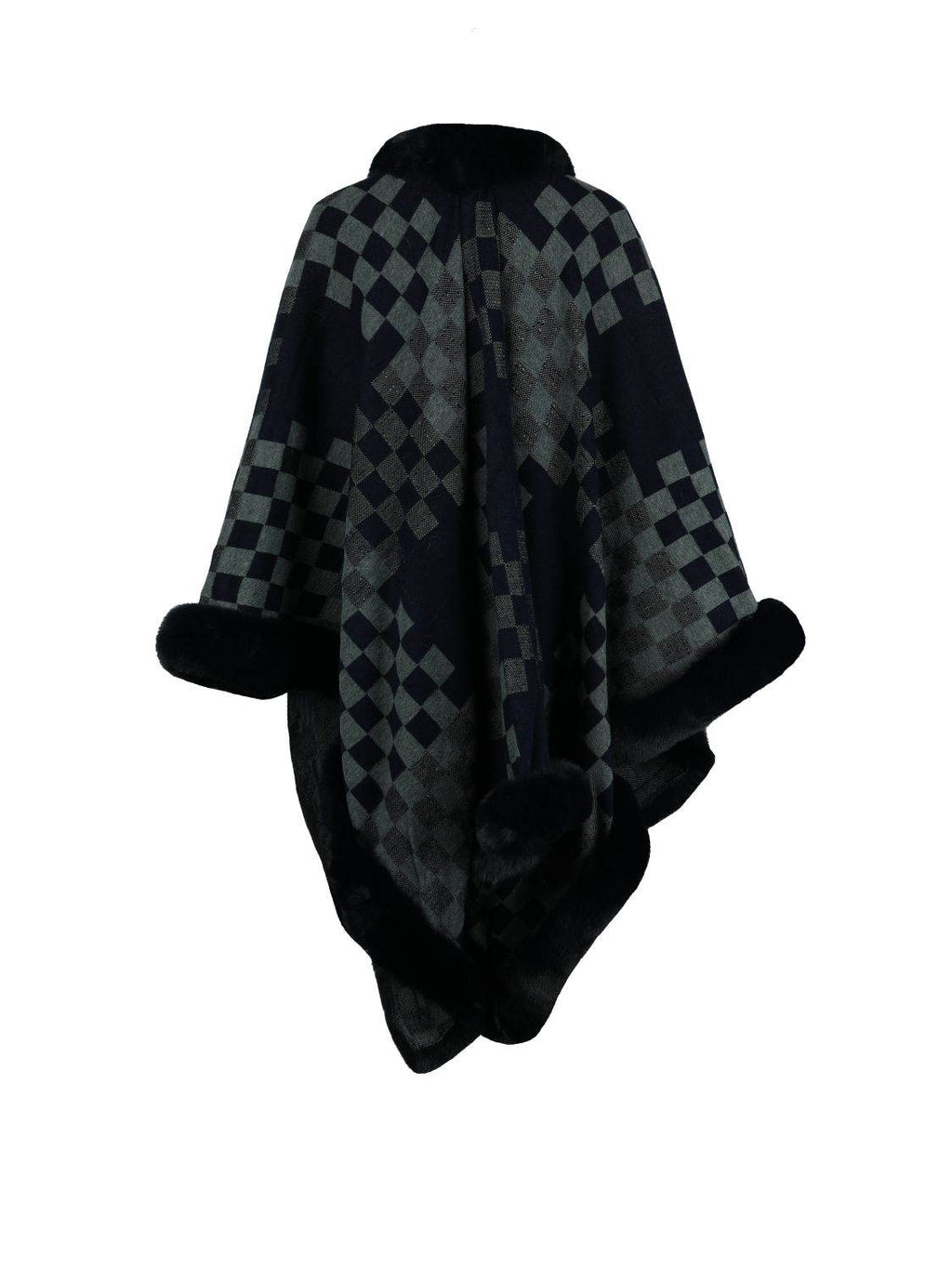 Checkered Faux Fur Trim Poncho - Delanoir