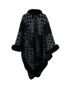 Checkered Faux Fur Trim Poncho - Delanoir