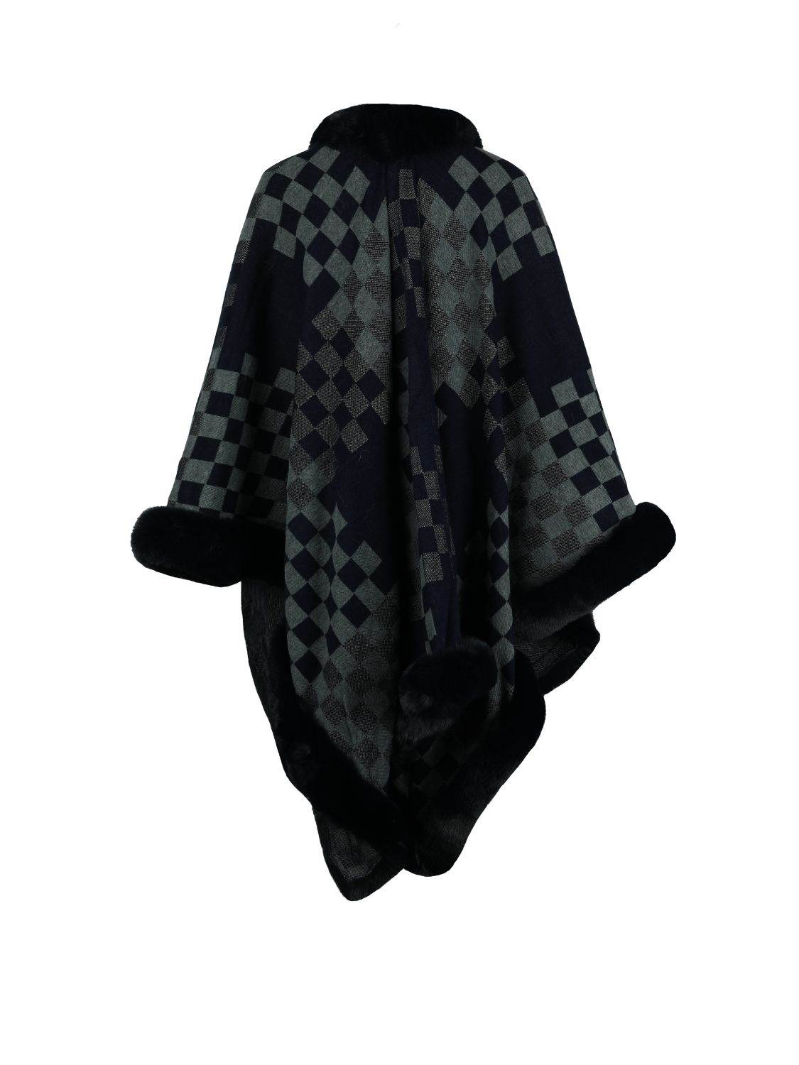 Checkered Faux Fur Trim Poncho - Delanoir