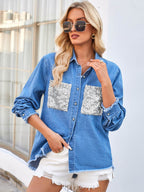Raw Hem Button Up Long Sleeve Denim Jacket with Sequin Pockets - Delanoir