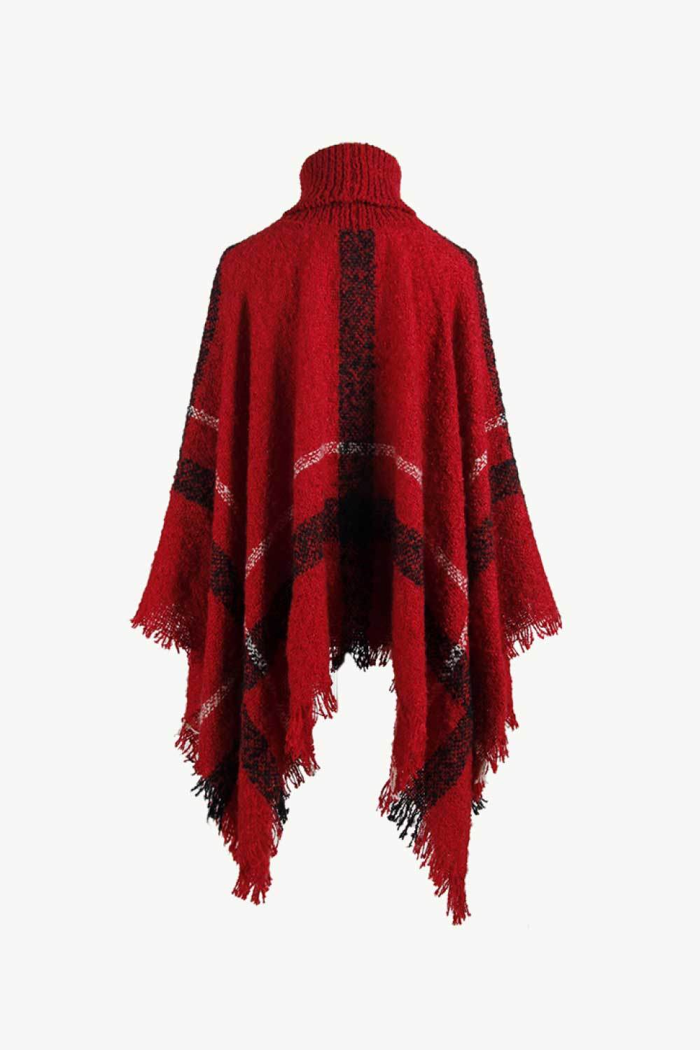 Plaid Turtleneck Raw Hem Poncho - Delanoir