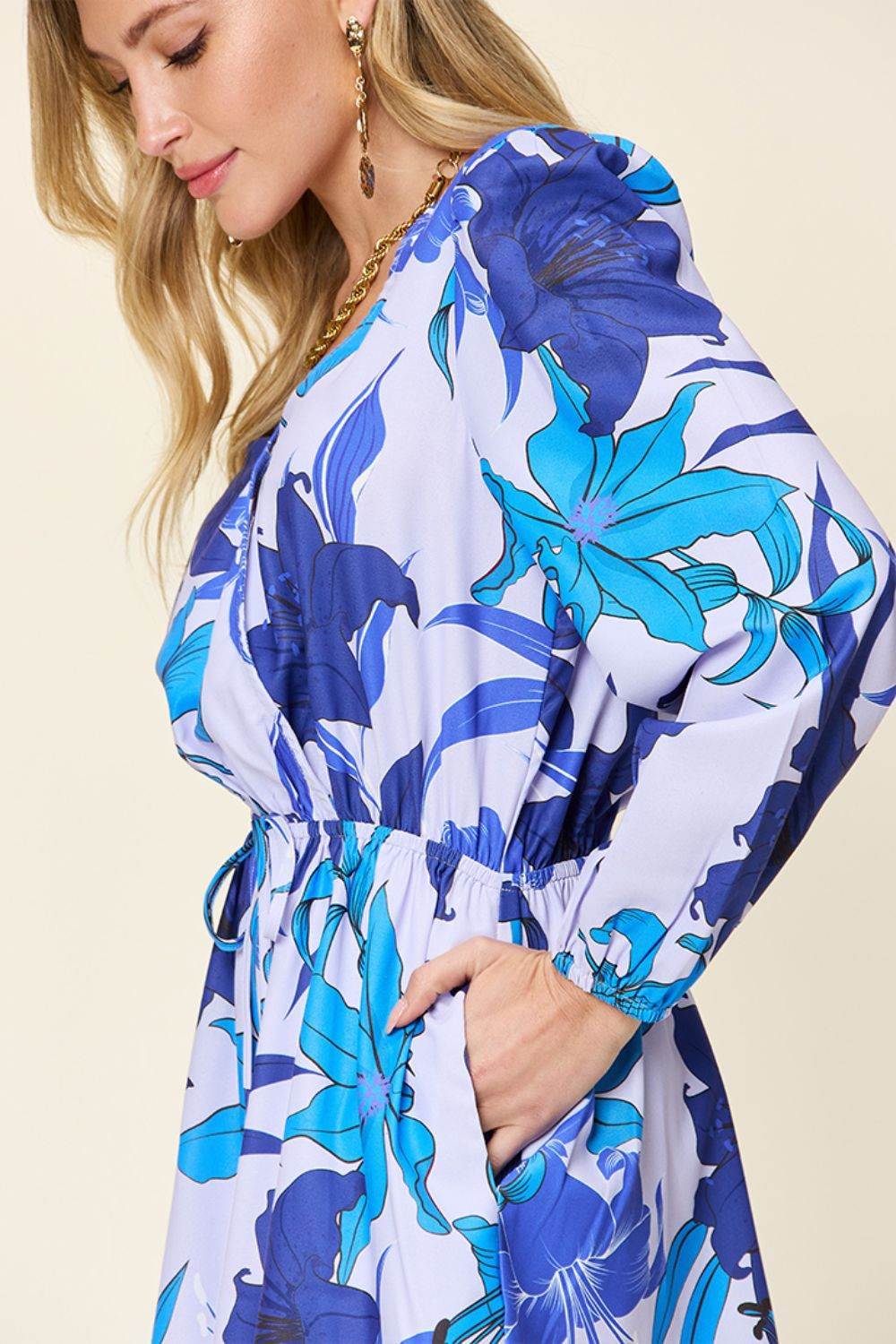 Double Take Full Size Floral Long Sleeve Romper with Pockets - Delanoir