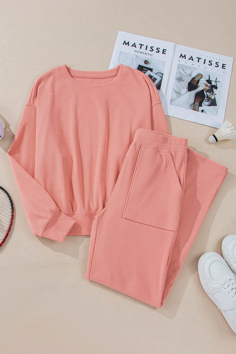 Round Neck Long Sleeve Top and Pants Set - Delanoir