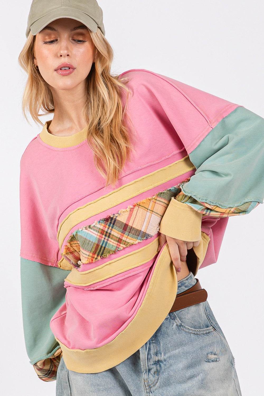 SAGE + FIG Mineral Wash Raw Edge Color Block Sweatshirt - Delanoir