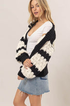 HYFVE Scallop Striped Open Front Long Sleeve Sweater Cardigan - Delanoir
