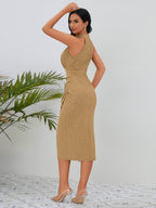 Slit Ruched Mock Neck Sleeveless Dress - Delanoir