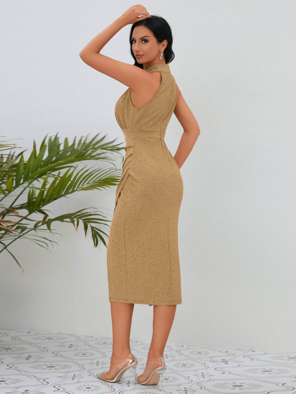 Slit Ruched Mock Neck Sleeveless Dress - Delanoir