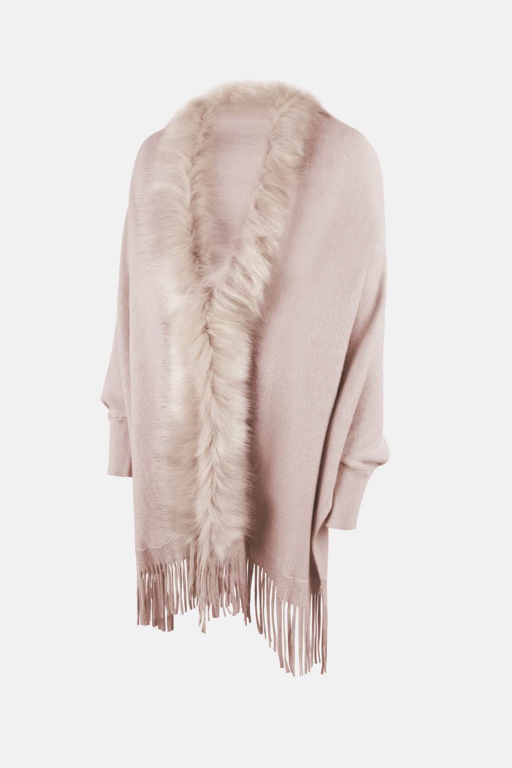 Fringe Open Front Long Sleeve Poncho - Delanoir