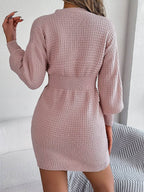 Buttoned Cable-Knit V-Neck Sweater Dress - Delanoir