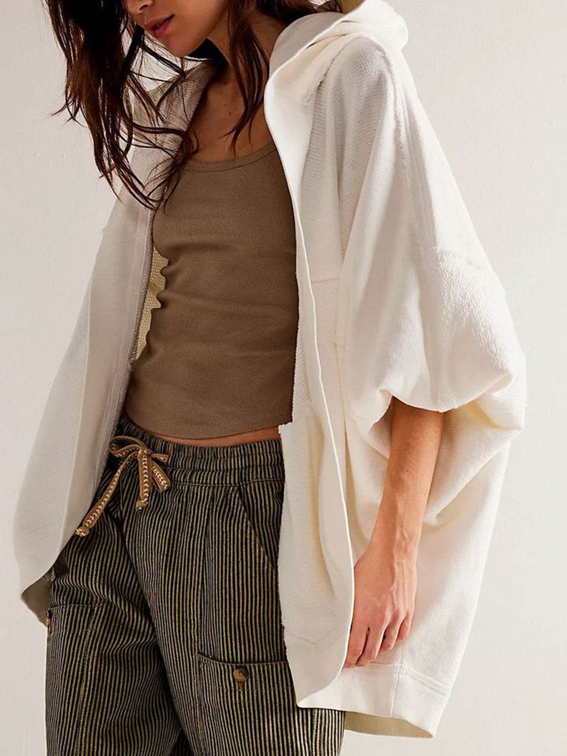 Exposed Seam Open Front Batwing Sleeve Hooded Cardigan - Delanoir