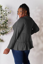 Double Take Half Button Long Sleeve Ruffle Hem Blouse - Delanoir