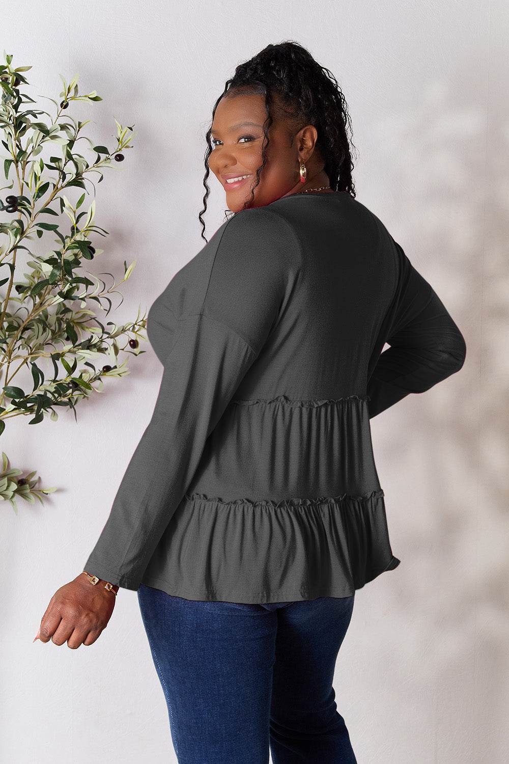 Double Take Half Button Long Sleeve Ruffle Hem Blouse - Delanoir