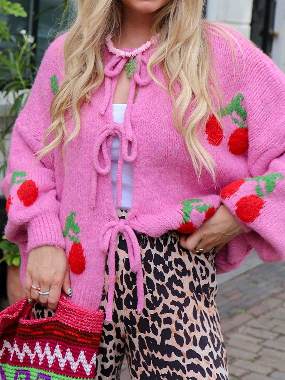 Tied Cherry Round Neck Long Sleeve Cardigan - Delanoir