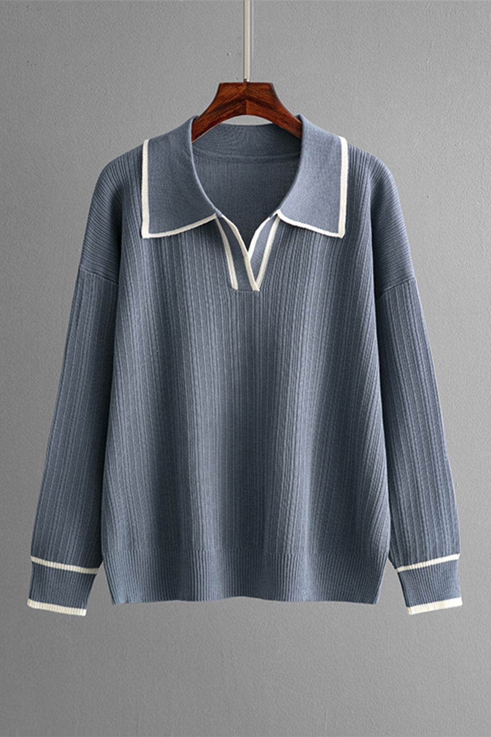 Contrast Trim Johnny Collar Top and Drawstring Pants Sweater Set - Delanoir