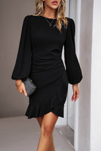 Devine Ruched Ruffled Balloon Sleeve Mini Dress - Delanoir