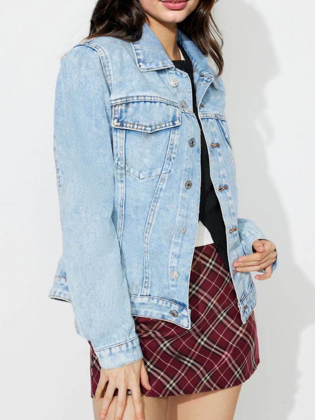 Button Up Long Sleeve Denim Shacket - Delanoir