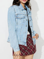 Button Up Long Sleeve Denim Shacket - Delanoir
