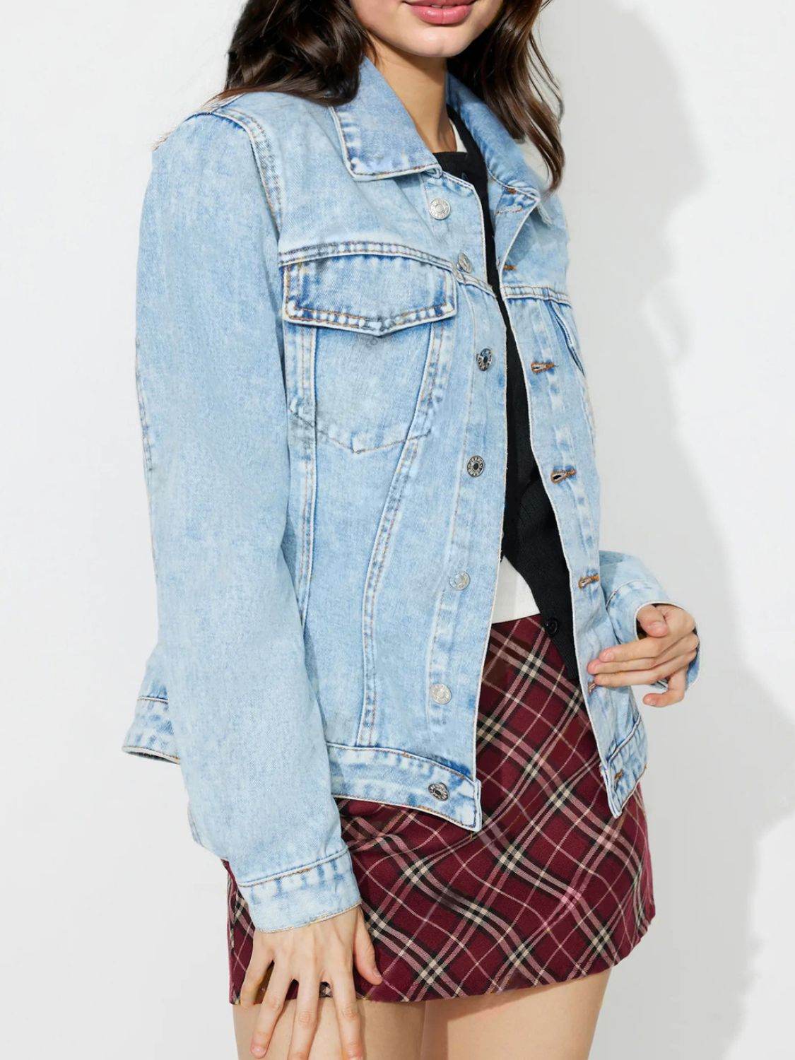 Button Up Long Sleeve Denim Shacket - Delanoir