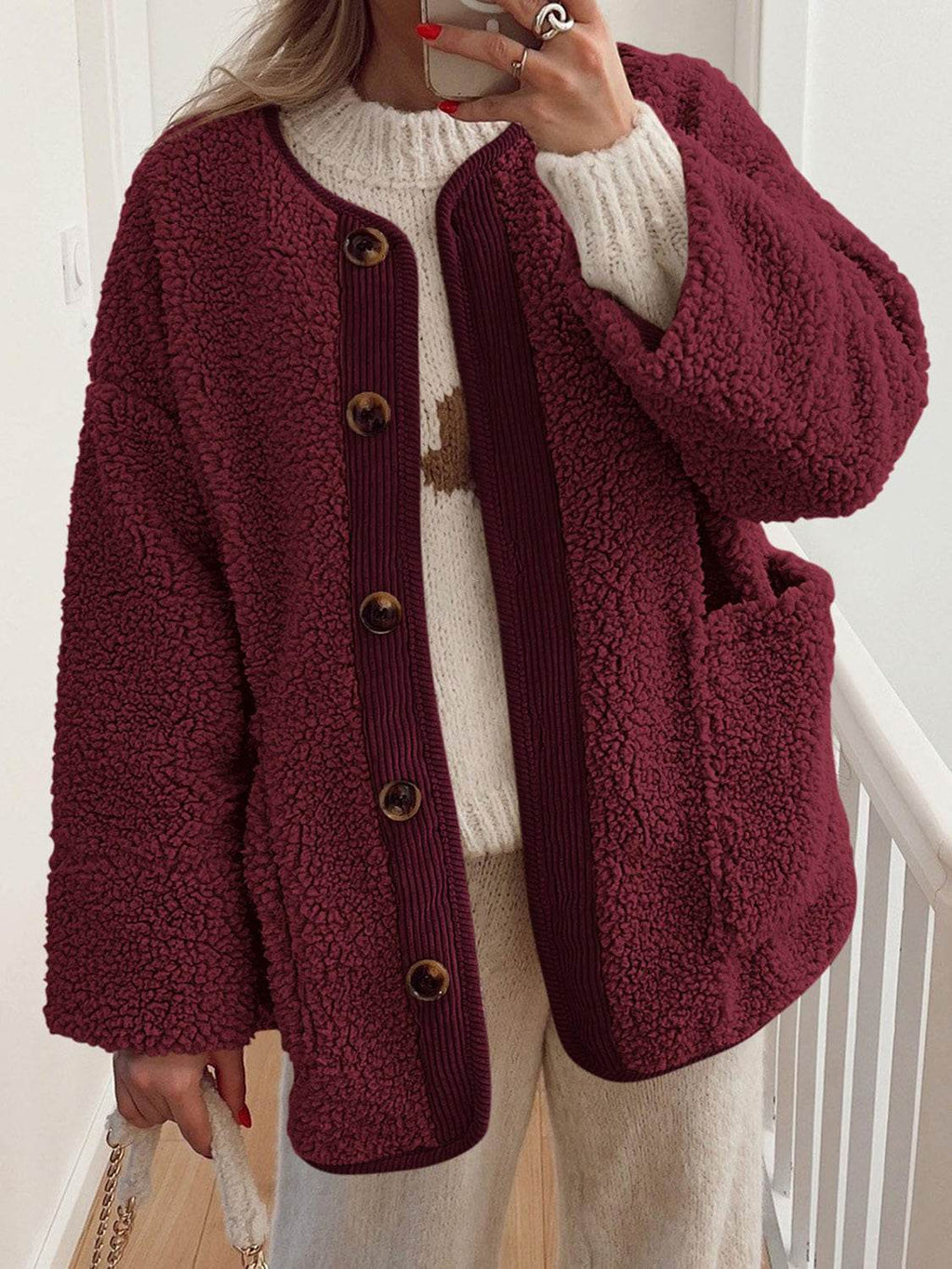 Contrast Button Up Sherpa Jacket with Pockets - Delanoir