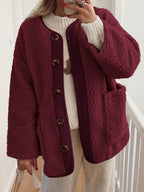 Contrast Button Up Sherpa Jacket with Pockets - Delanoir