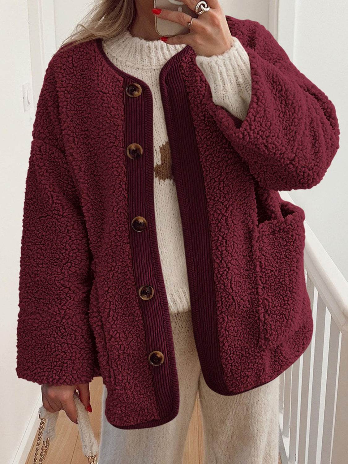 Contrast Button Up Sherpa Jacket with Pockets - Delanoir