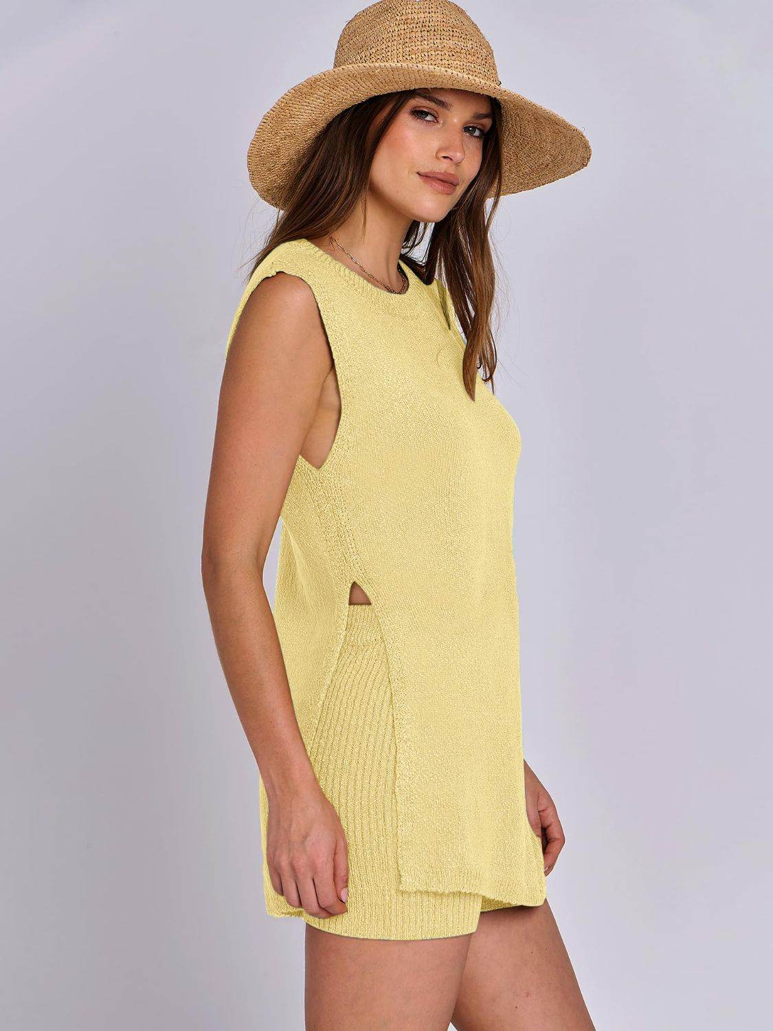 Mandy Side Slit Round Neck Tank and Shorts Sweater Set - Delanoir