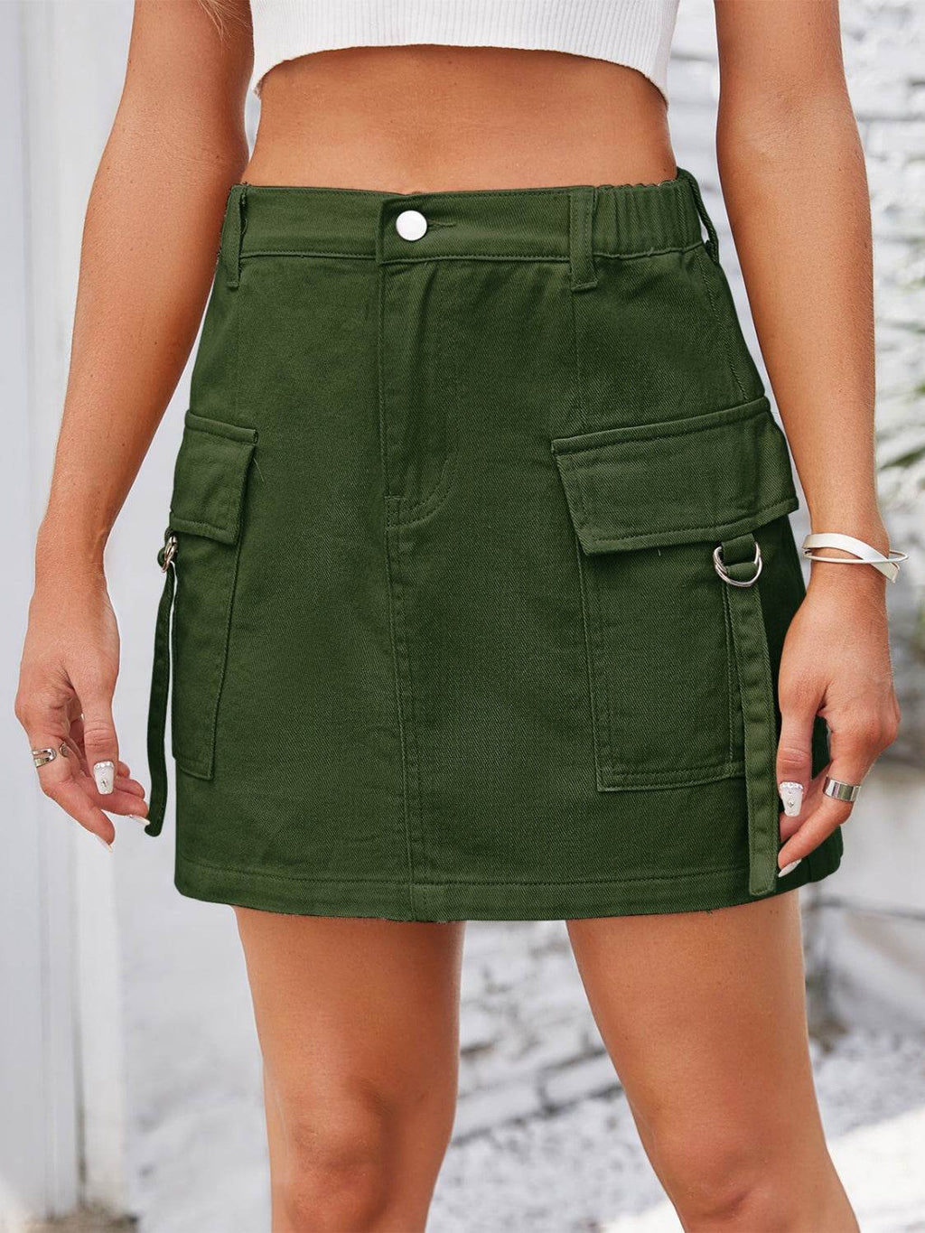 Pocketed Buttoned Denim Skirt - Delanoir