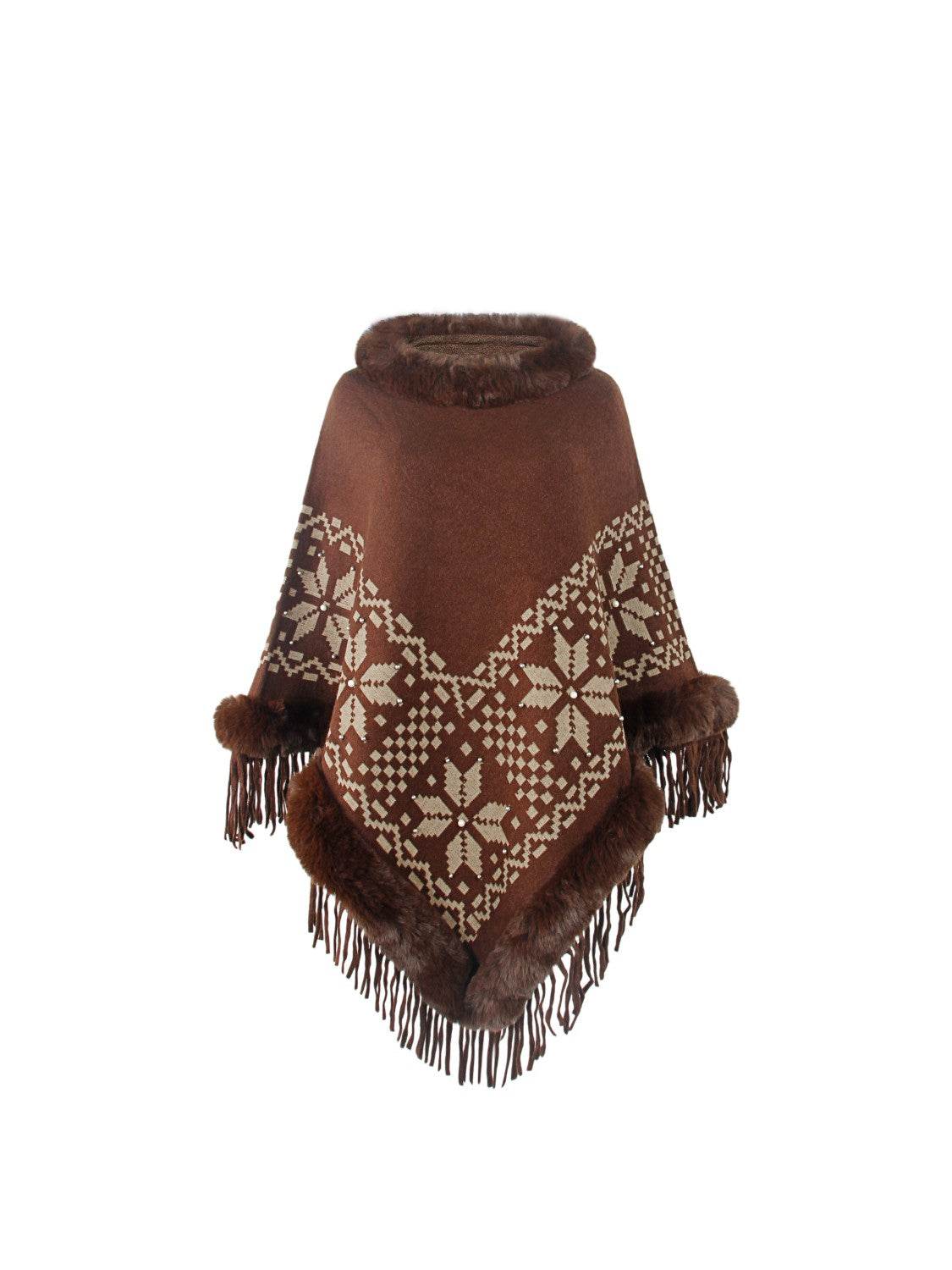 Fringe Geometric Cape Sleeve Poncho - Delanoir