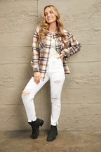 Plaid Button Front Shirt Jacket with Breast Pockets - Delanoir