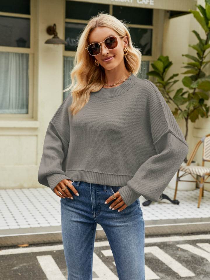 Round Neck Lantern Sleeve Sweater - Delanoir
