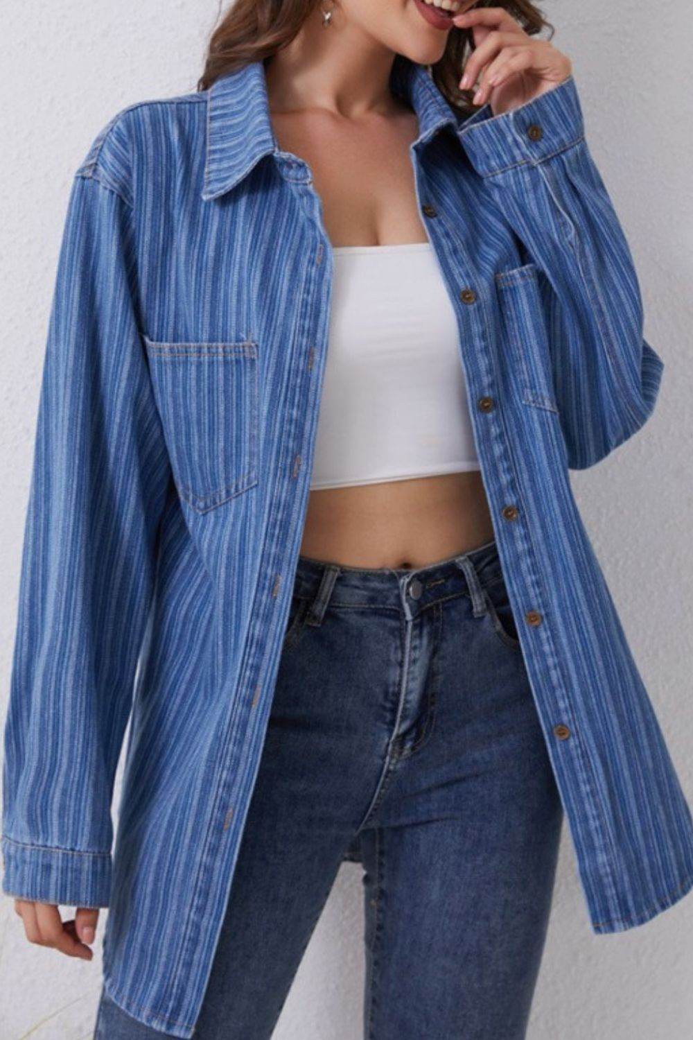 Striped Texture Collared Neck Denim Top - Delanoir