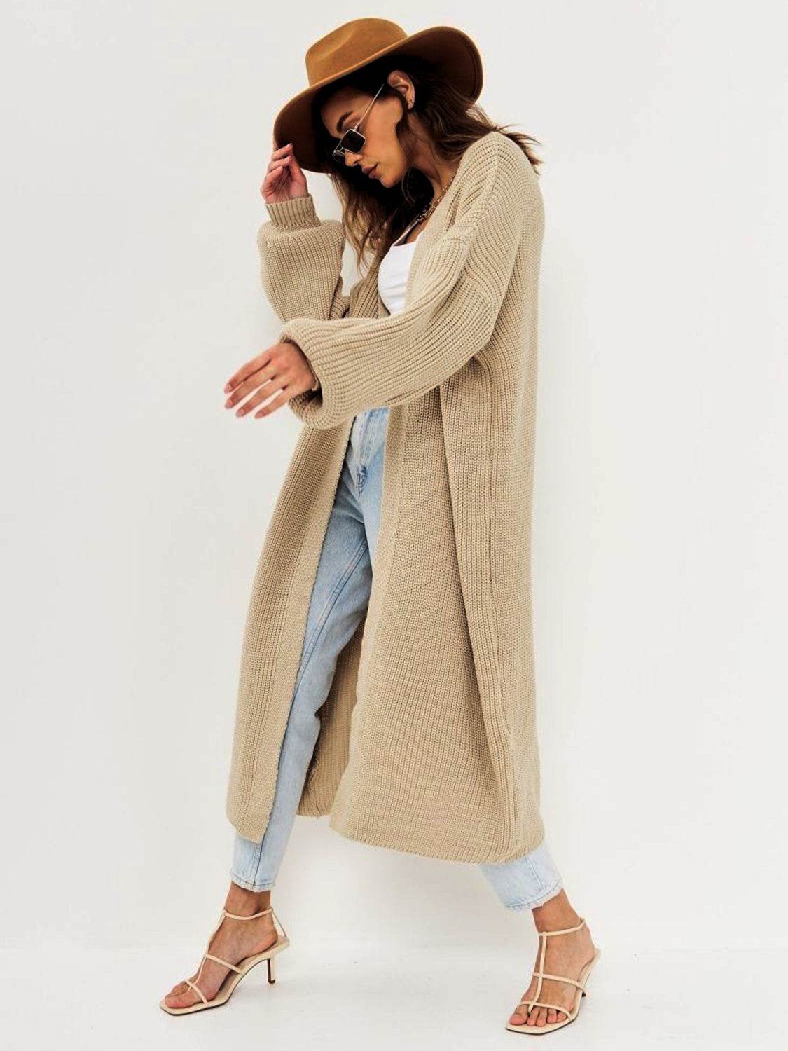 Open Front Long Sleeve Longline Cardigan - Delanoir