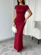 Devine Ruched Single Shoulder Short Sleeve Maxi Dress - Delanoir
