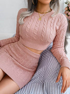 Cable-Knit Round Neck Top and Skirt Sweater Set - Delanoir