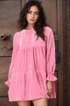 Tied Round Neck Flounce Sleeve Mini Dress - Delanoir