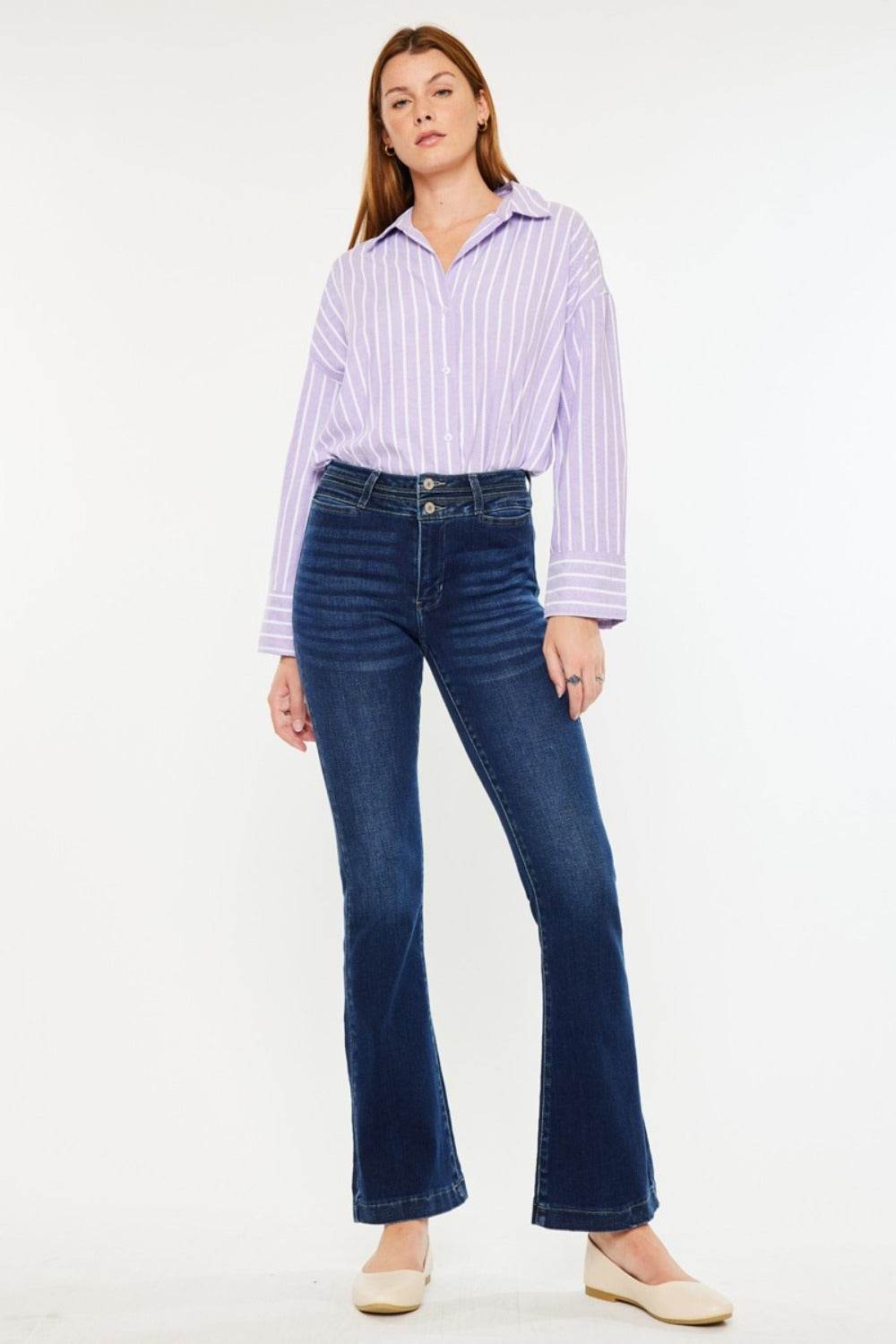 Kancan High Rise Double Waistband Flare Jeans - Delanoir