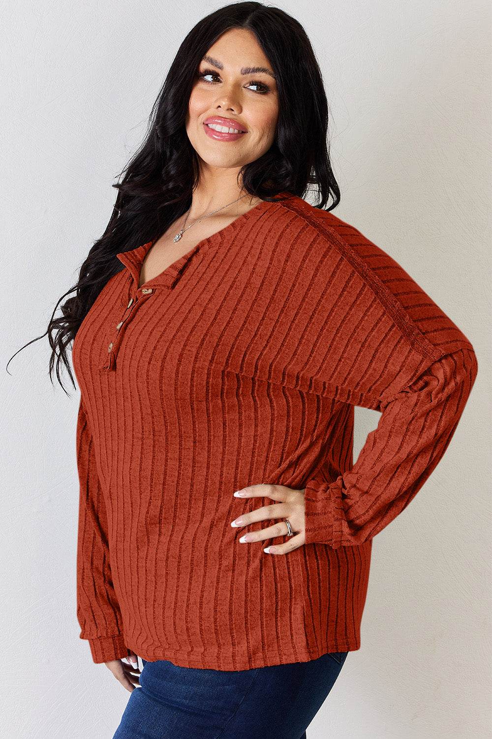 Basic Bae Full Size Ribbed Half Button Long Sleeve T-Shirt - Delanoir