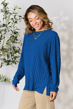 Basic Bae Full Size Ribbed Round Neck Slit Knit Top - Delanoir