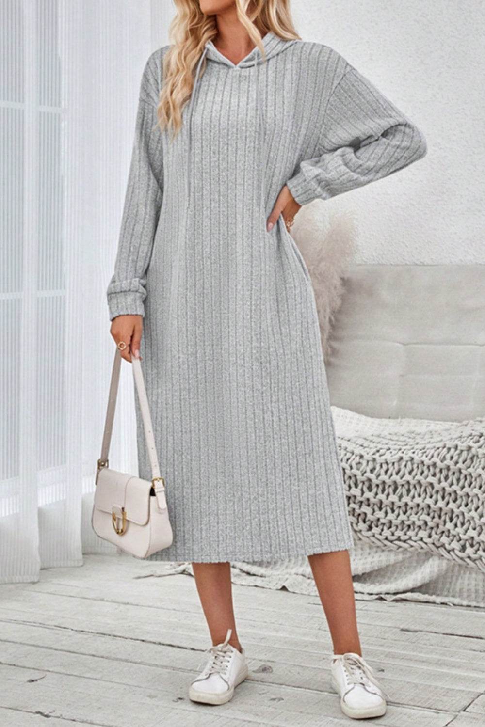 Side Slit Drawstring Long Sleeve Hooded Dress - Delanoir